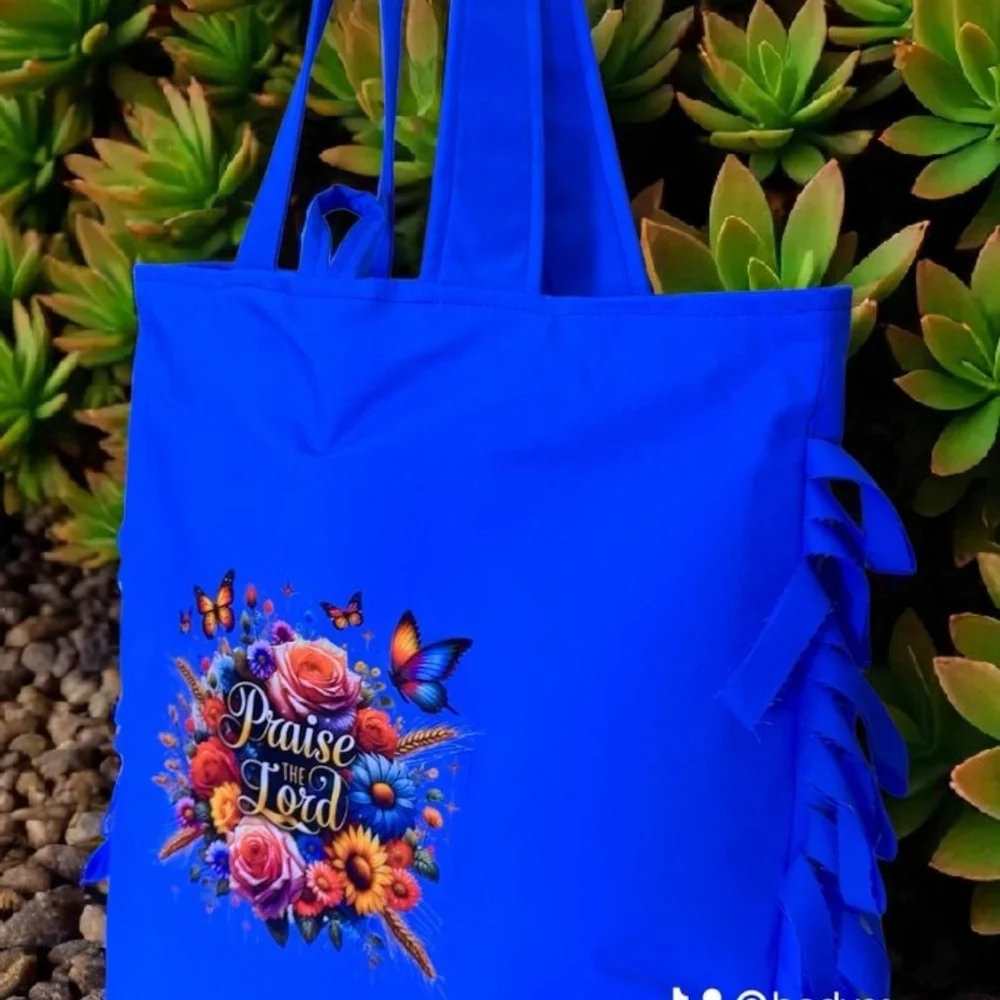 Vibrant Blue Tote Bag with Floral Embroidery